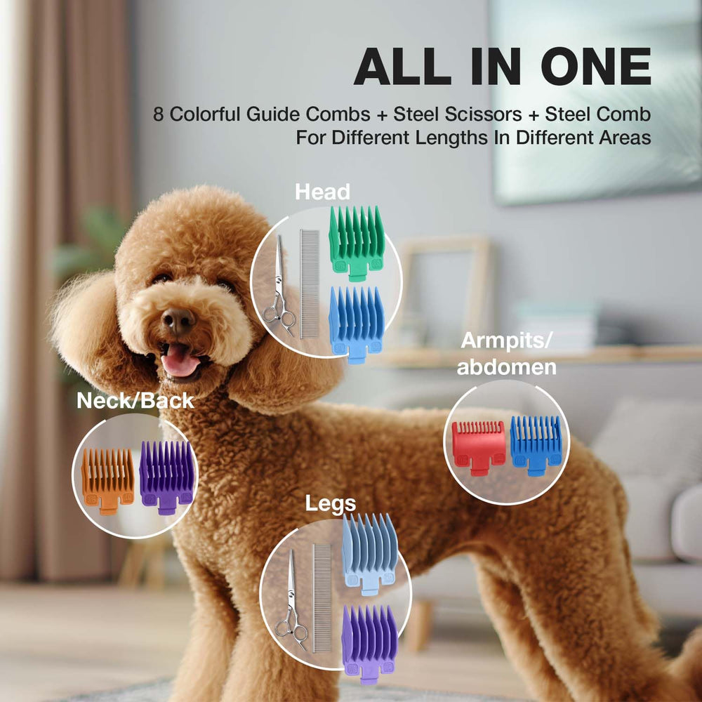 FuzzyFix eight guide combs for trimming different coat lengths.