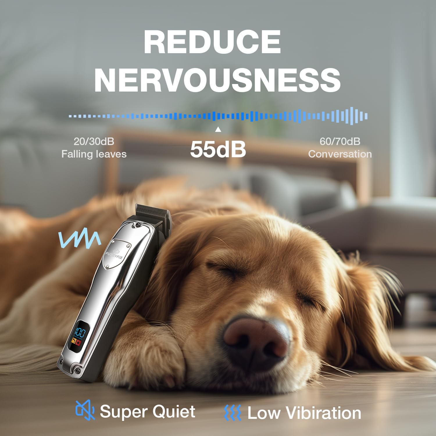 FuzzyFix clippers LCD display shows battery level for timely recharging.