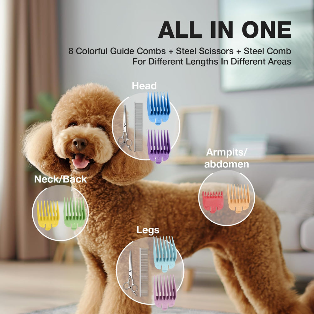 FuzzyFix grooming kit includes eight guide combs for versatile trimming.