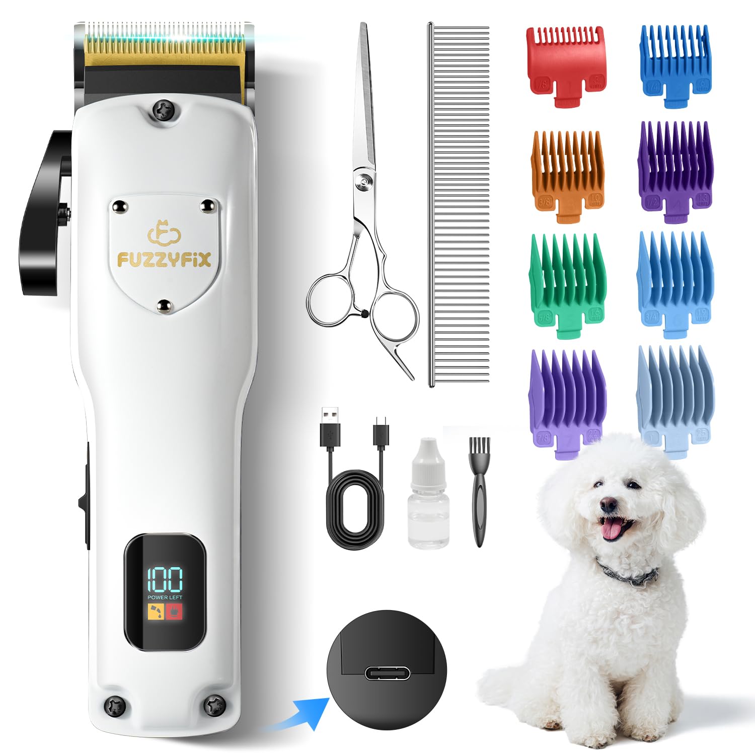 FuzzyFix dog clippers with quiet motor for stress-free grooming.