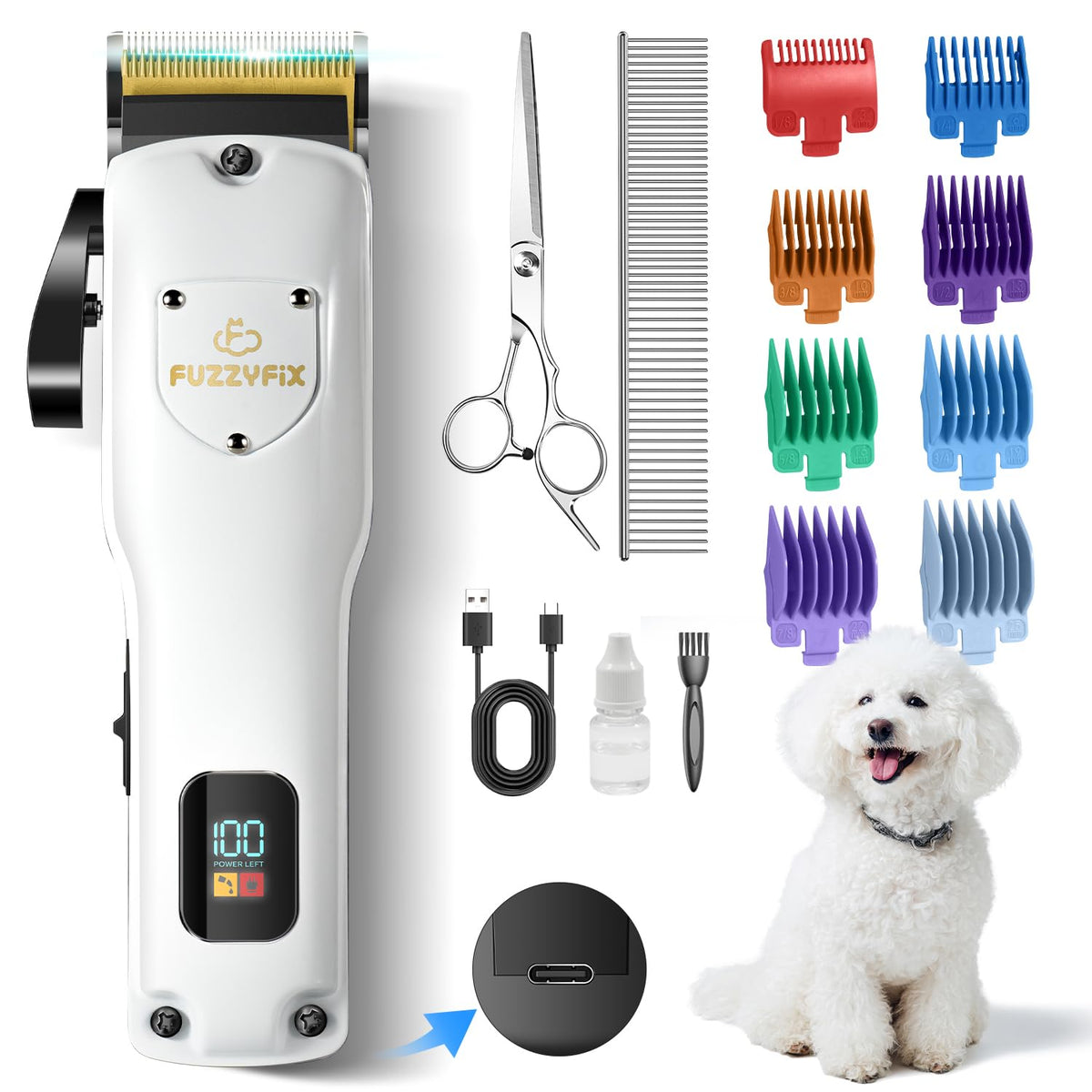 FuzzyFix dog clippers with quiet motor for stress-free grooming.