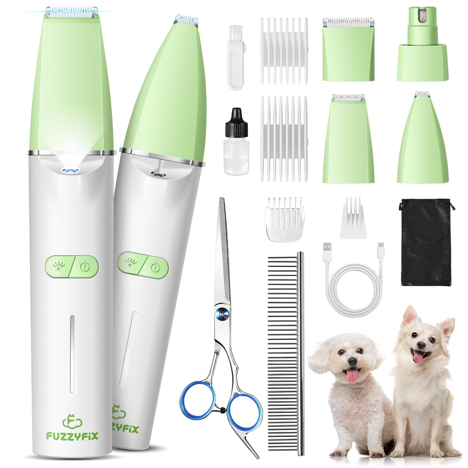 FuzzyFix dog grooming kit with LED light illuminating small areas for safer trimming