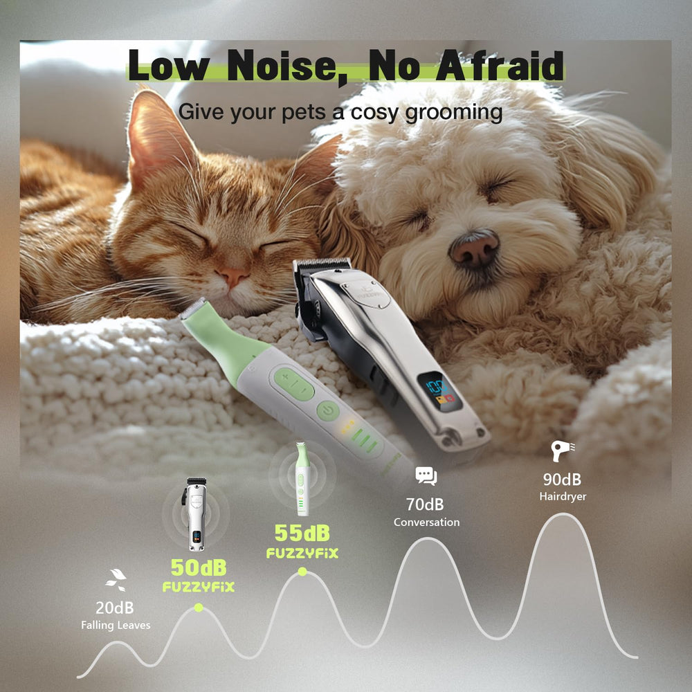 FuzzyFix eight guide combs and heads enable precise trimming around ears.