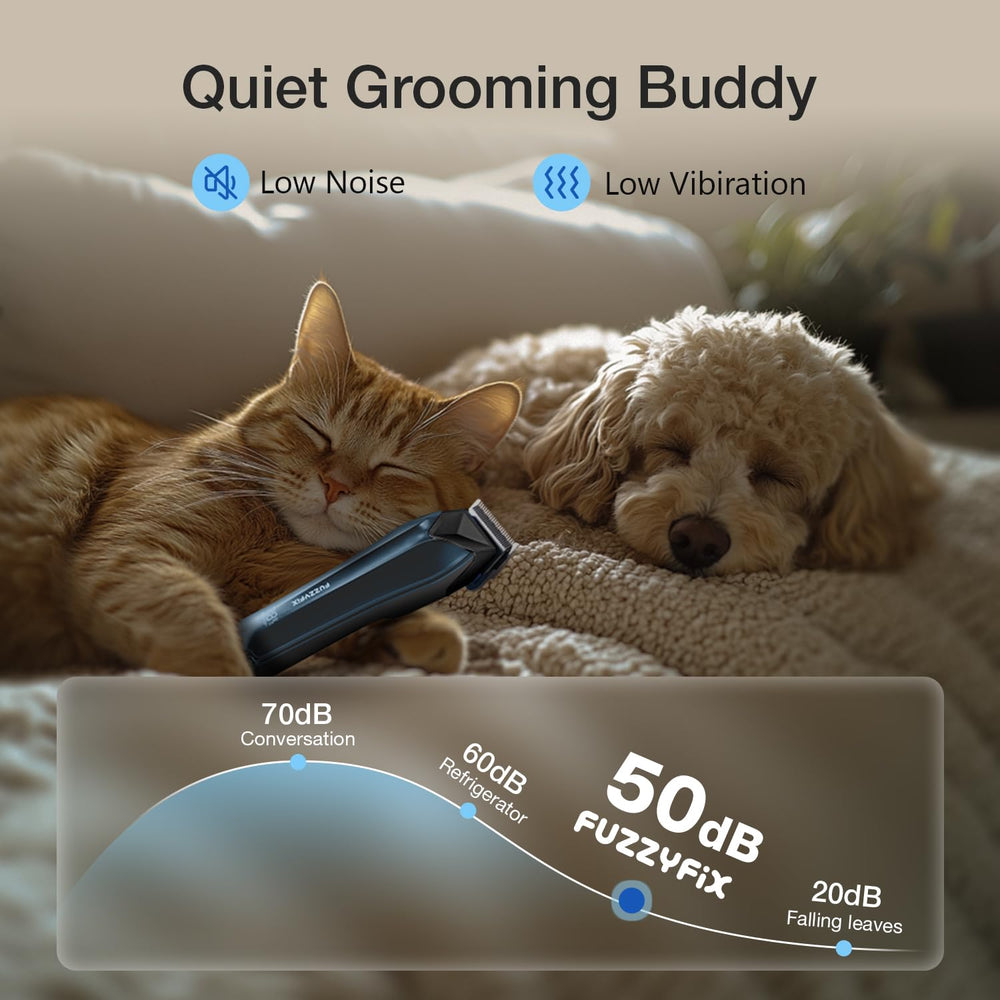 FuzzyFix HD LCD shows power and oil reminder for blade care.