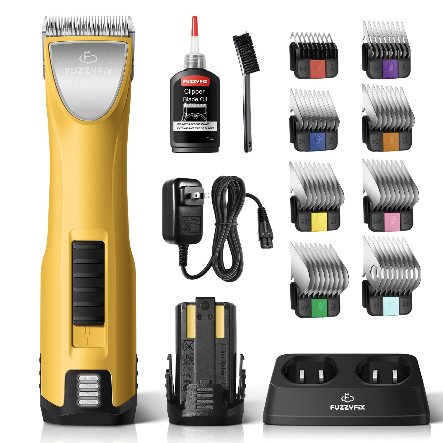 FuzzyFix professional dog clippers kit contents shown for complete grooming setup.