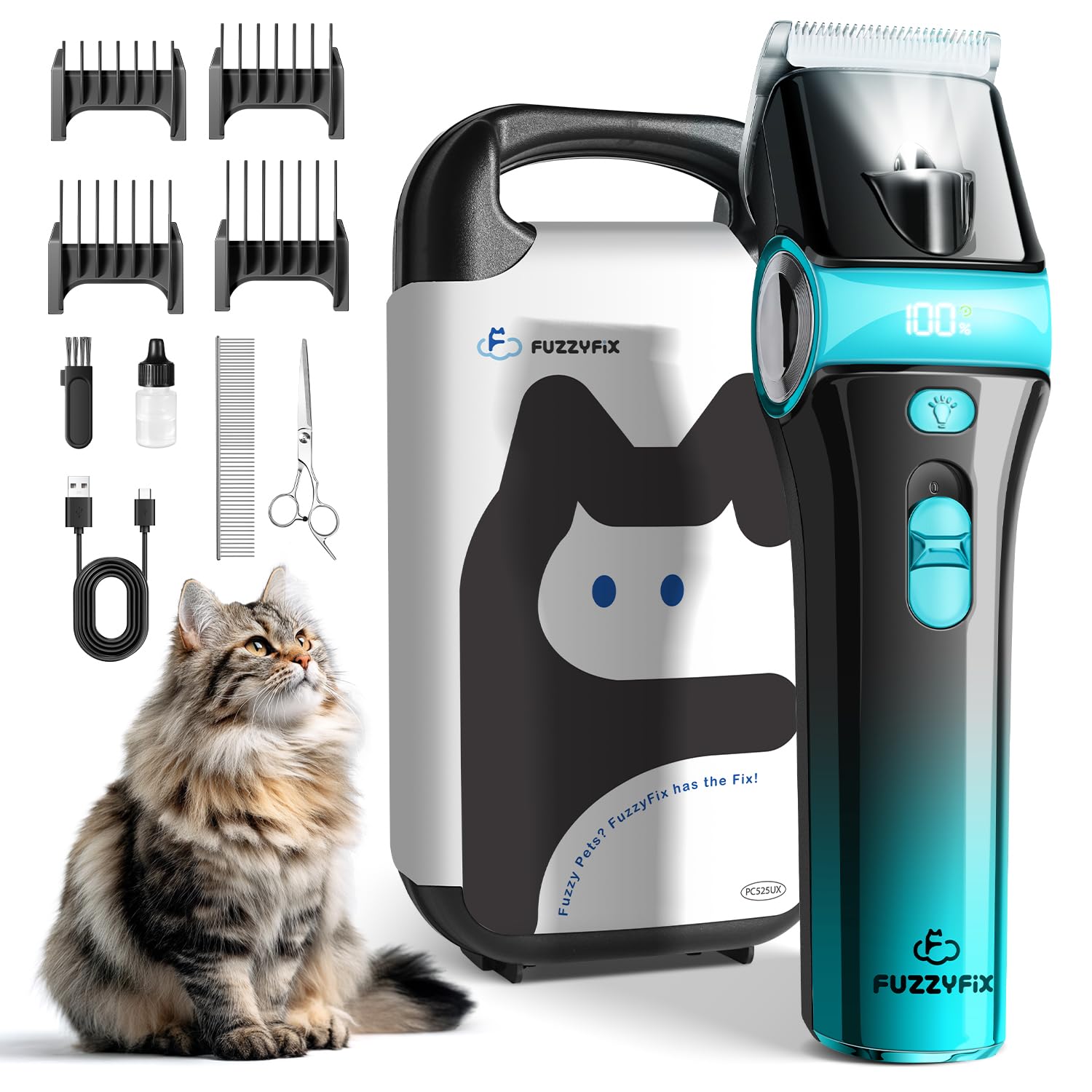 FuzzyFix storage box and accessories organize your grooming kit neatly.