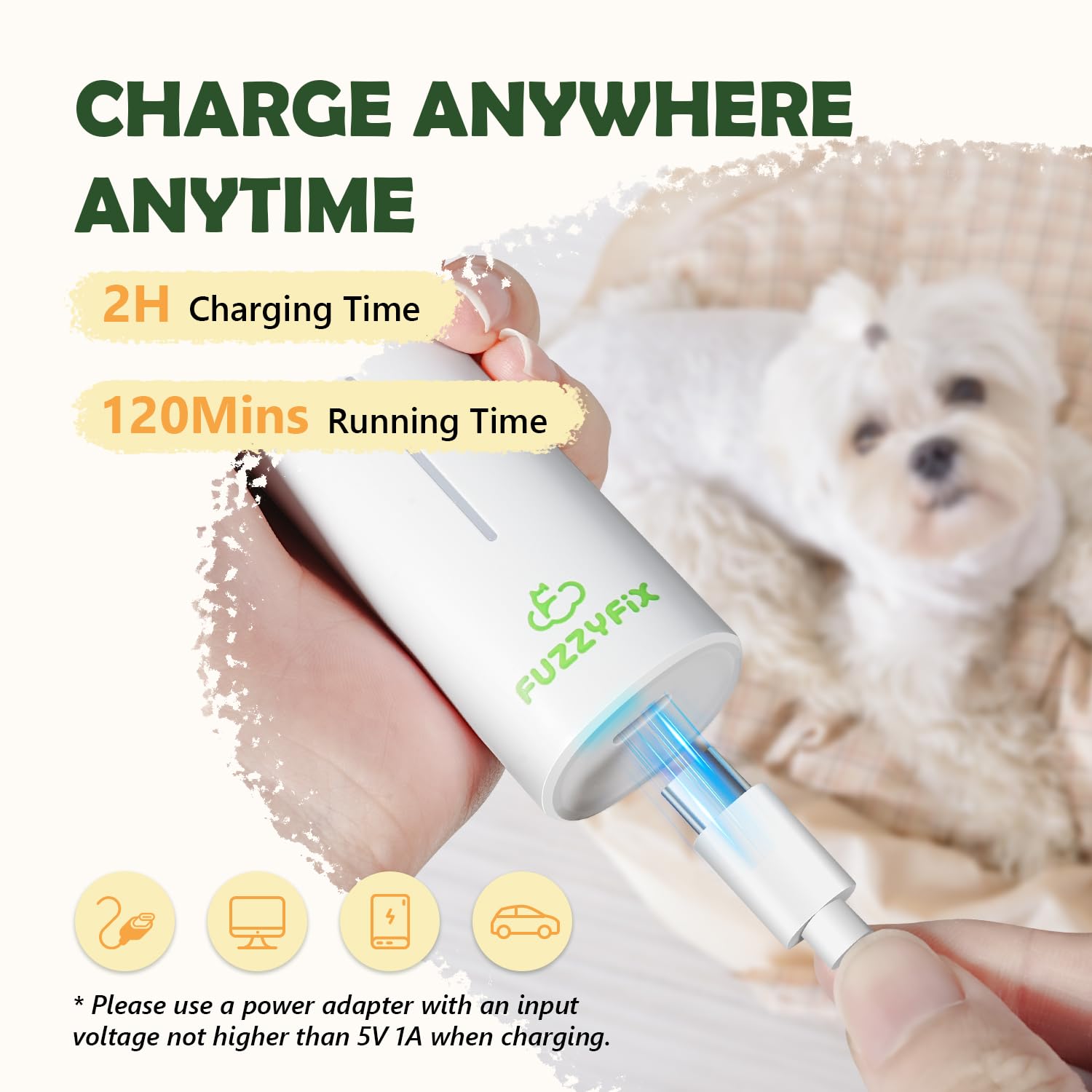 FuzzyFix USB charging design powers cordless grooming up to two hours