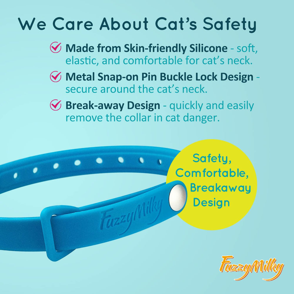 FuzzyMilky calm collar blue worn on cat signals discreet soothing aid during travel.