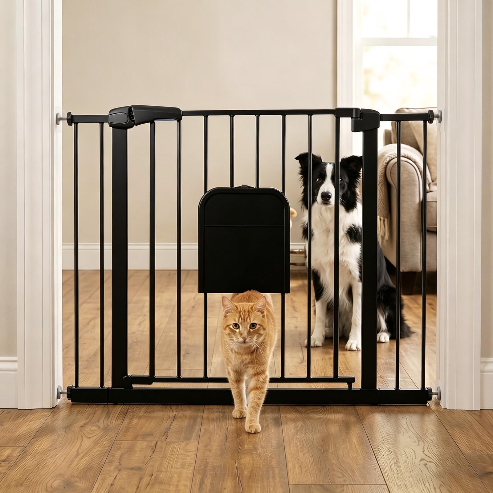 FuzzyNest metal pet gate with cat door fits doorways from 29 to 45 inches