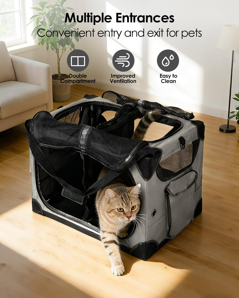 FuzzyNest removable divider enables separate or shared space for two cats.