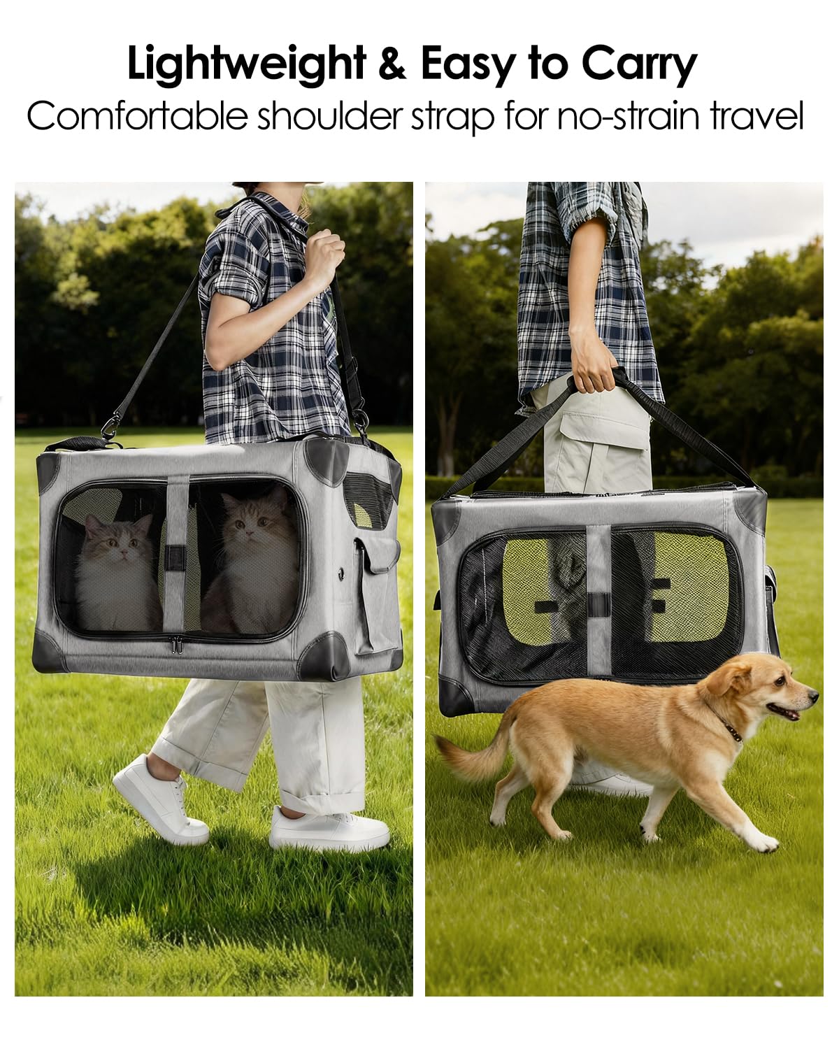 FuzzyNest side pockets store treats and toys for on-the-go use.