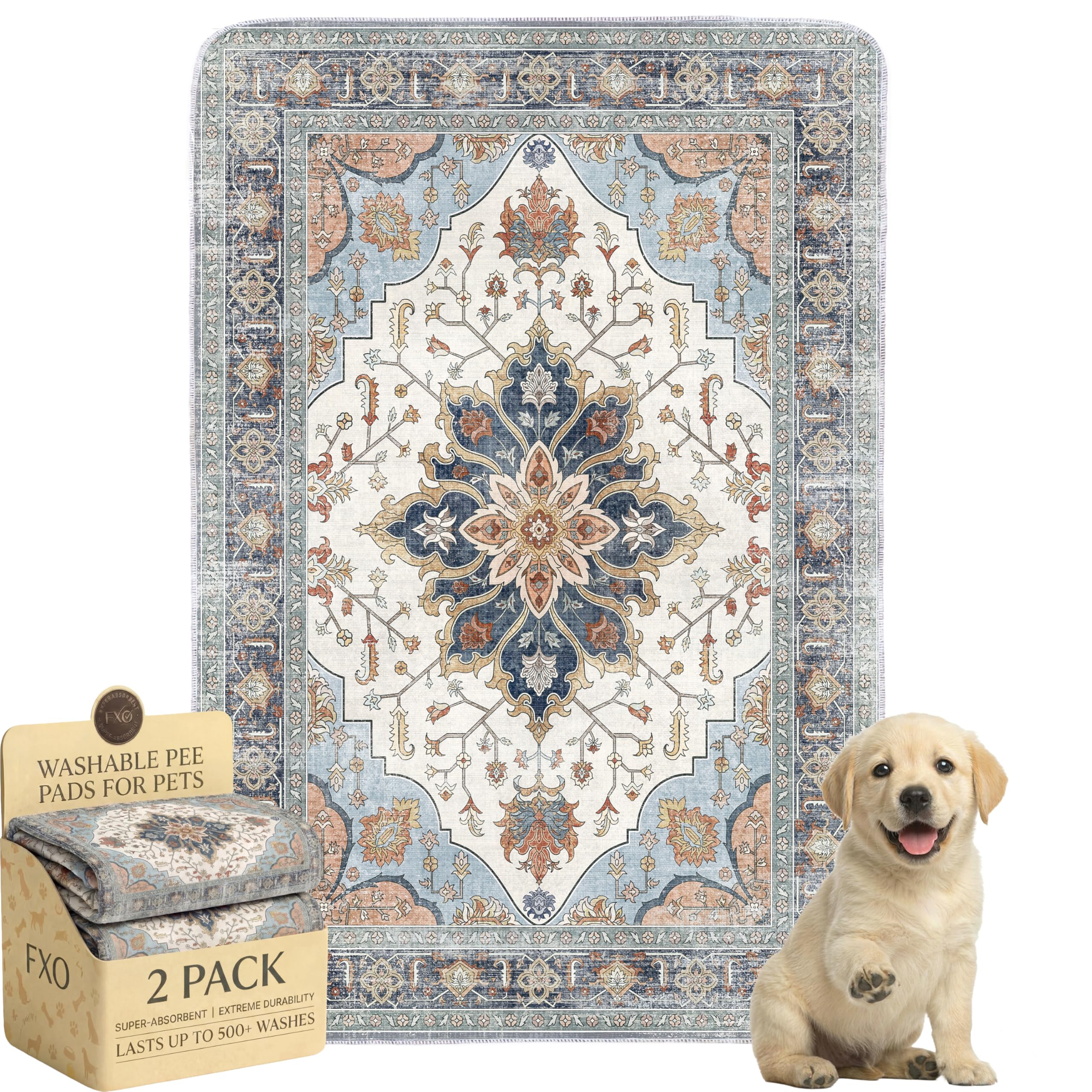 FXO washable dog pee pad with green floral pattern, 24x36, prevents leaks and protects floors.