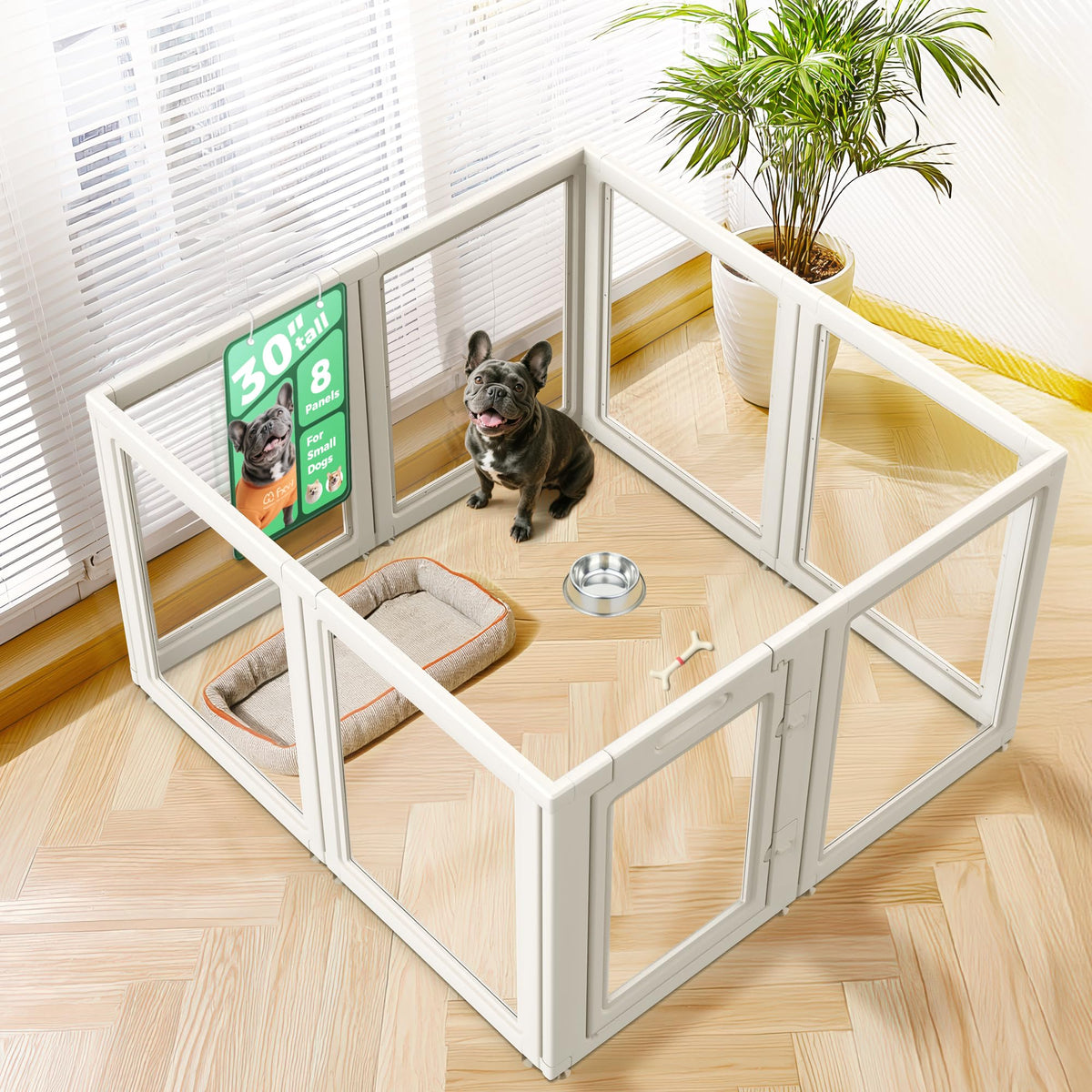 FXW AuraSpace playpen front view shows secure eight-panel design for small and medium dogs.