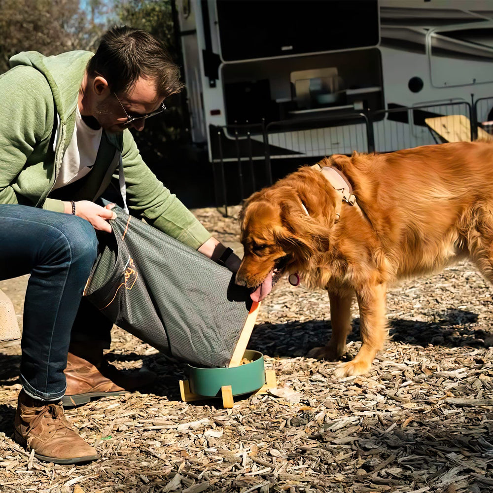 FXW dog food travel bag open-fill spout eases kibble pouring during camping.