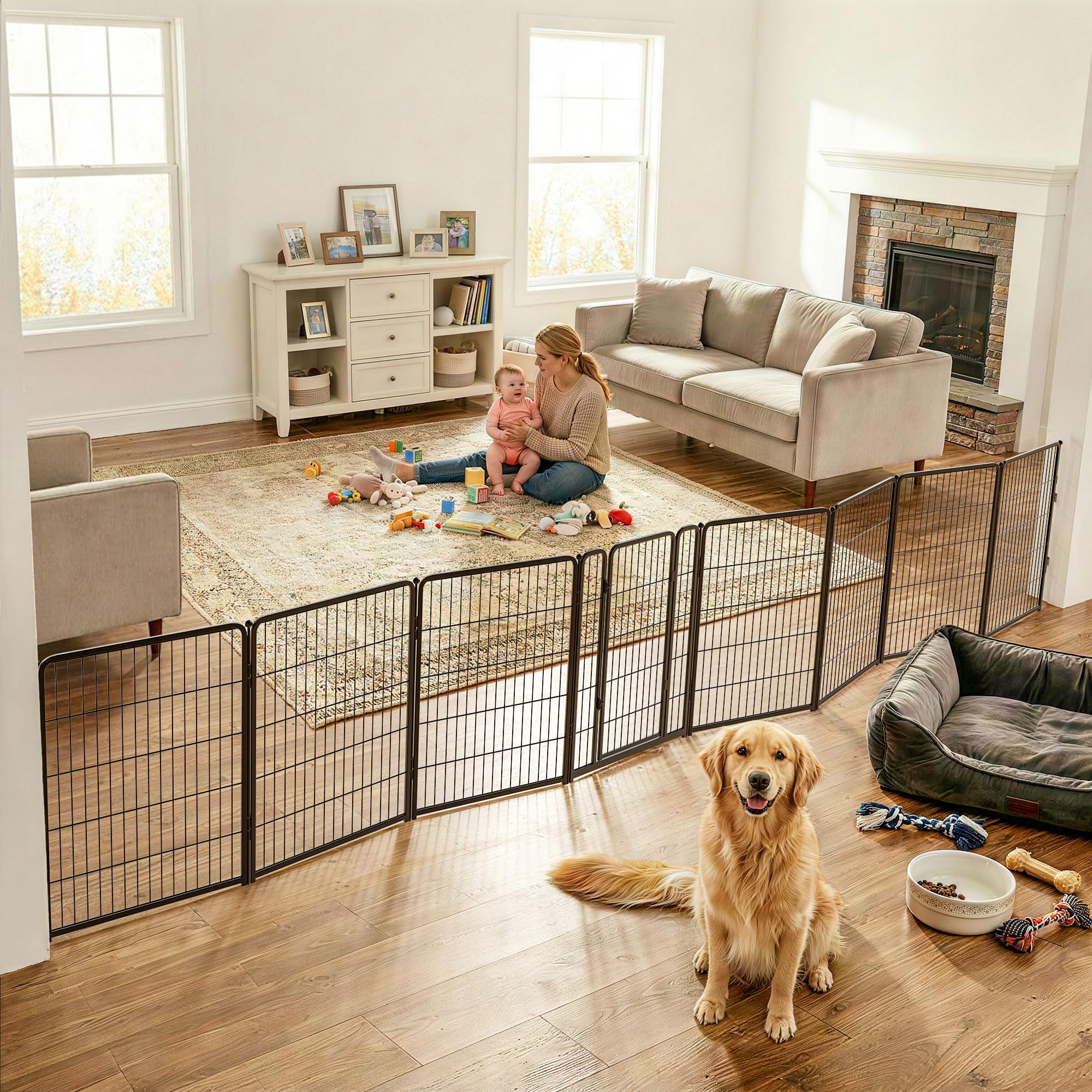 FXW Dog Gate indoor-use overview showing a wide, adjustable barrier for pets