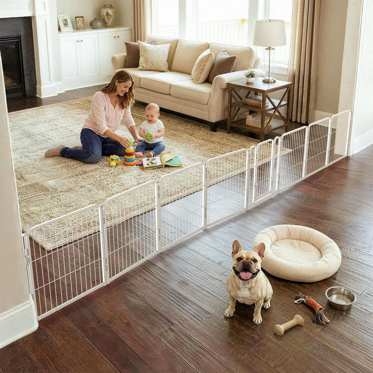 FXW Dog Gate indoor use shows wide, adaptable enclosure for spacious rooms