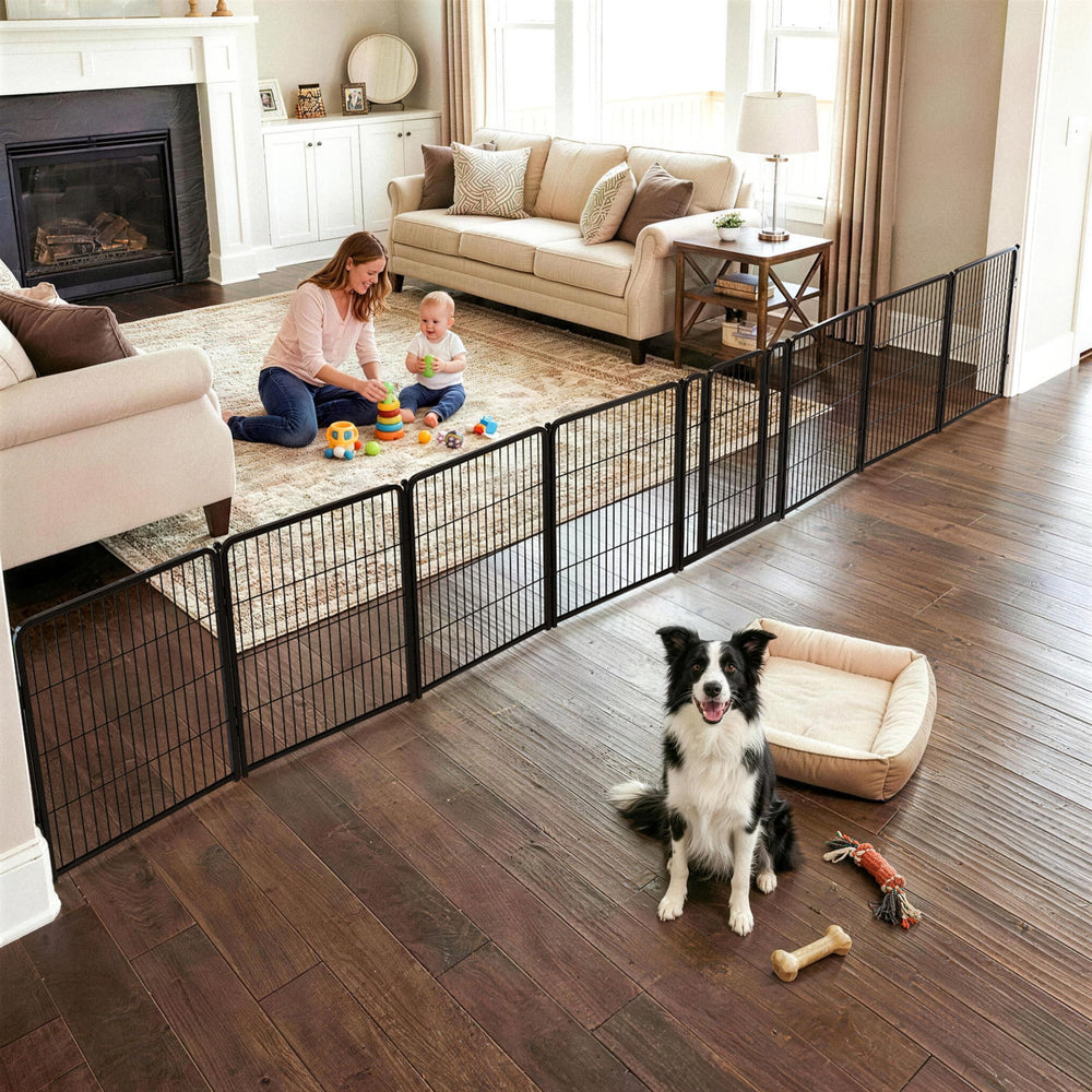 FXW dog gate indoor wide with 8 panels creates a secure space for pets