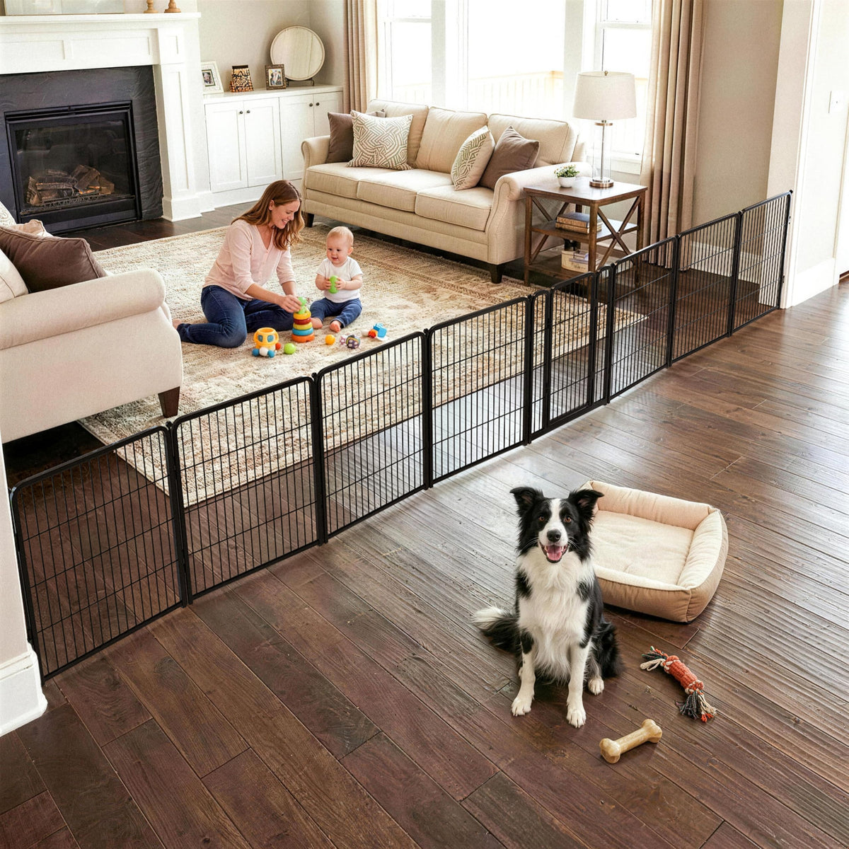 FXW dog gate indoor wide with 8 panels creates a secure space for pets