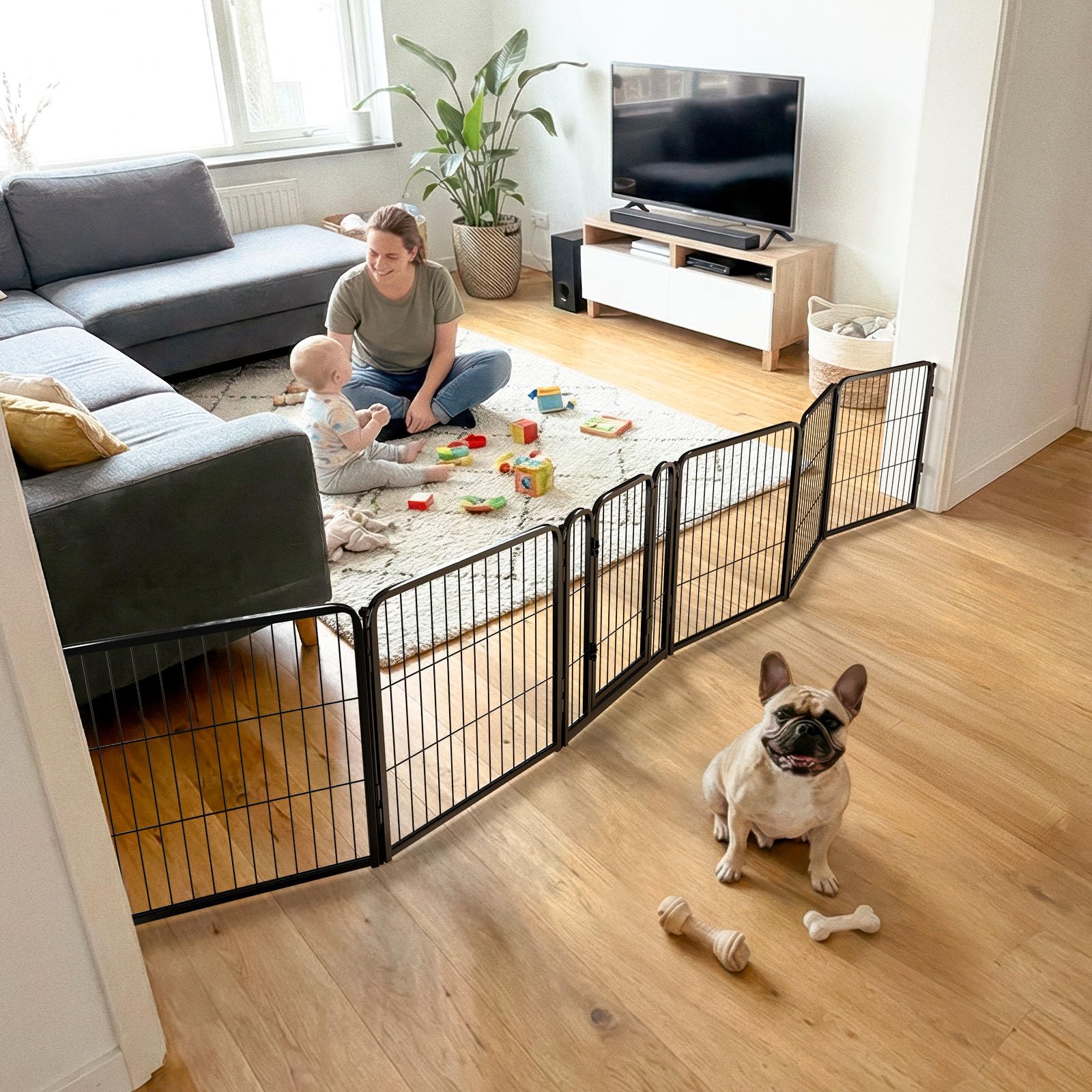 FXW dog gate indoor wide assembly demonstrates flexible setup for large spaces, improving pet safety.