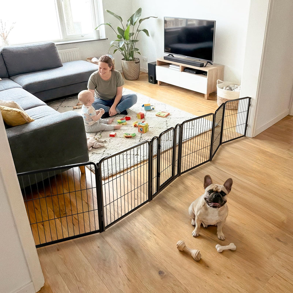 FXW dog gate indoor wide assembly demonstrates flexible setup for large spaces, improving pet safety.