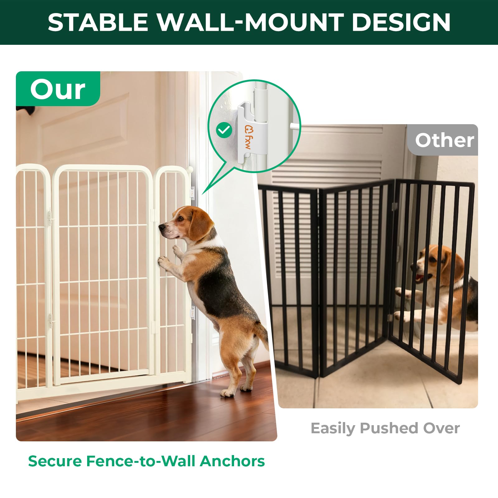 FXW dog gate demonstrates 219-inch width for flexible room layouts