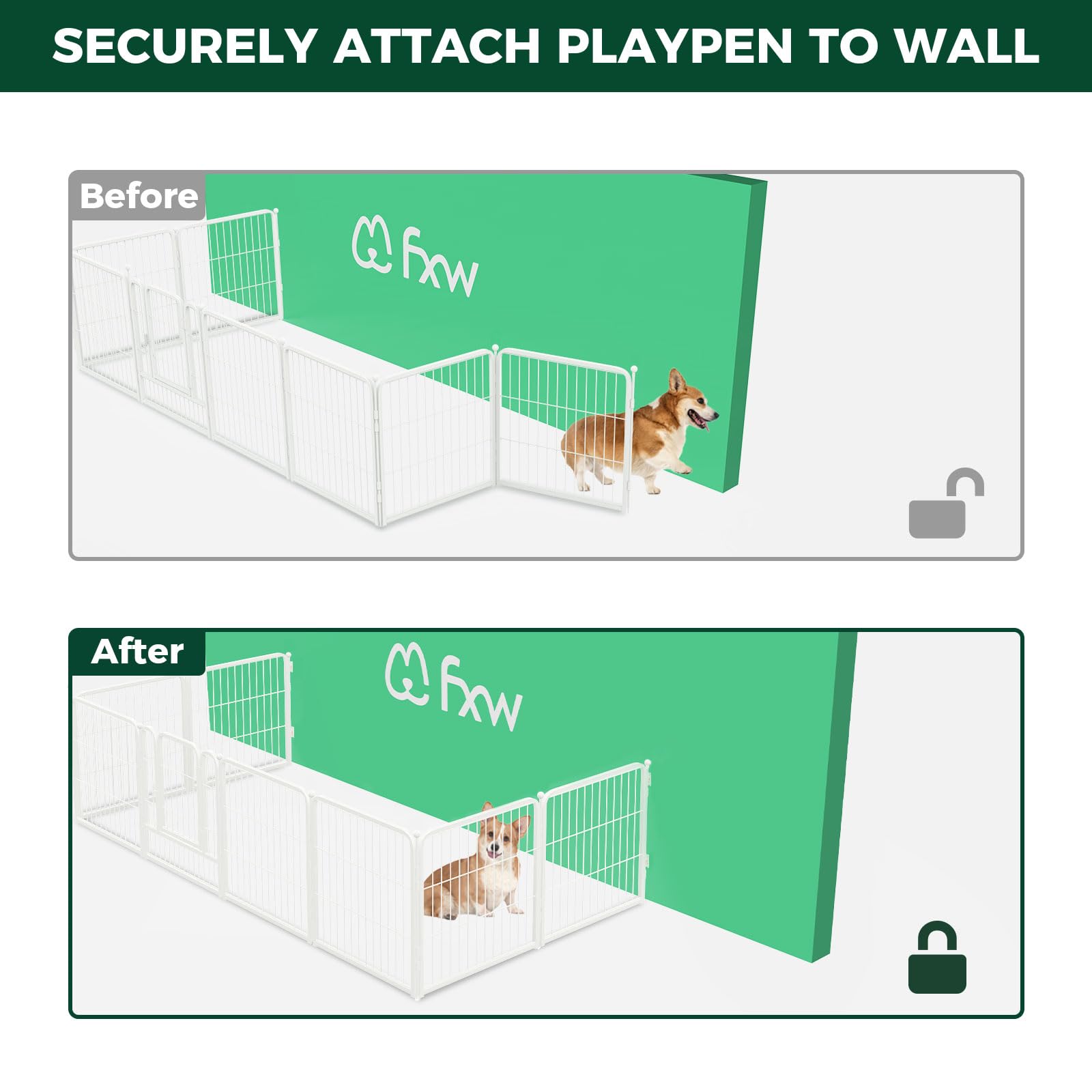 FXW playpen against wall with anchors expanding usable space.
