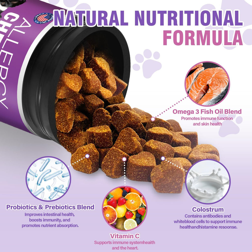 FXZRQJ Dog Allergy Chews bottle open ready to serve tasty chicken flavored relief
