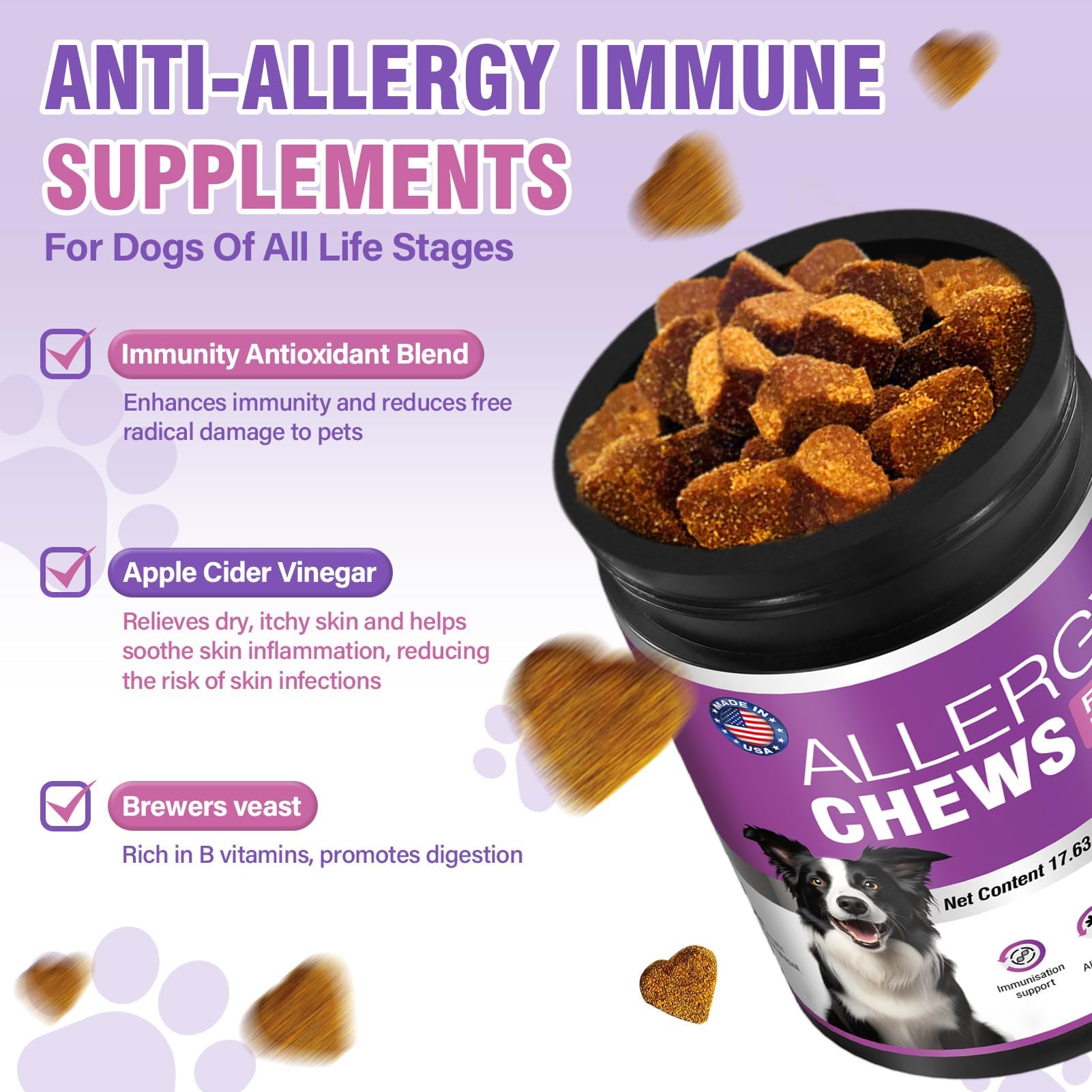FXZRQJ Dog Allergy Chews near paw area suggesting itch relief and comfort