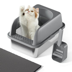 FYLICA stainless steel cat litter box with lid showing leak-proof containment for a tidy home.