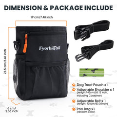Fyorbietail treat pouch features a pull out poop bag dispenser for quick cleanup.