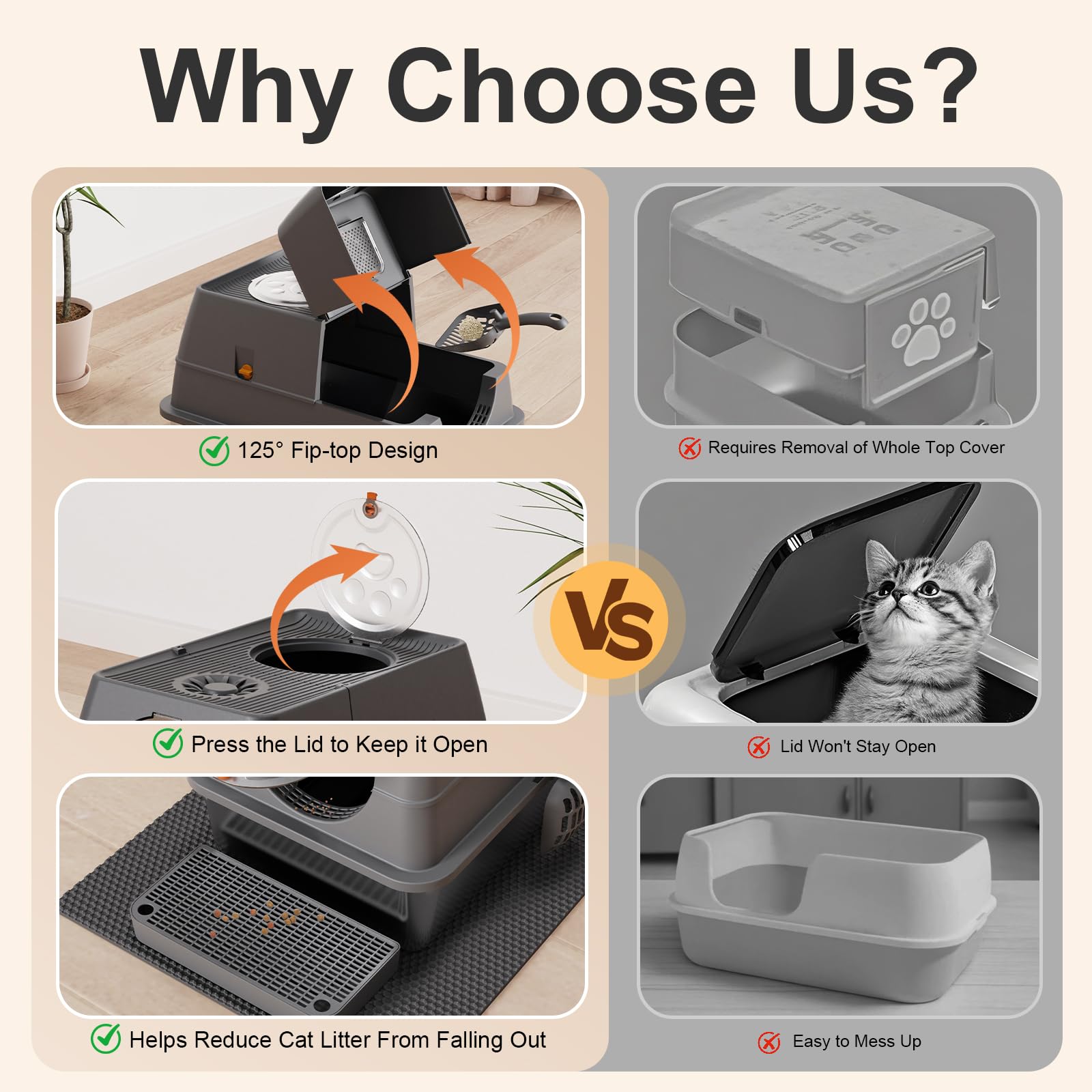 Fully enclosed mode creates a private space for cats and litter containment.