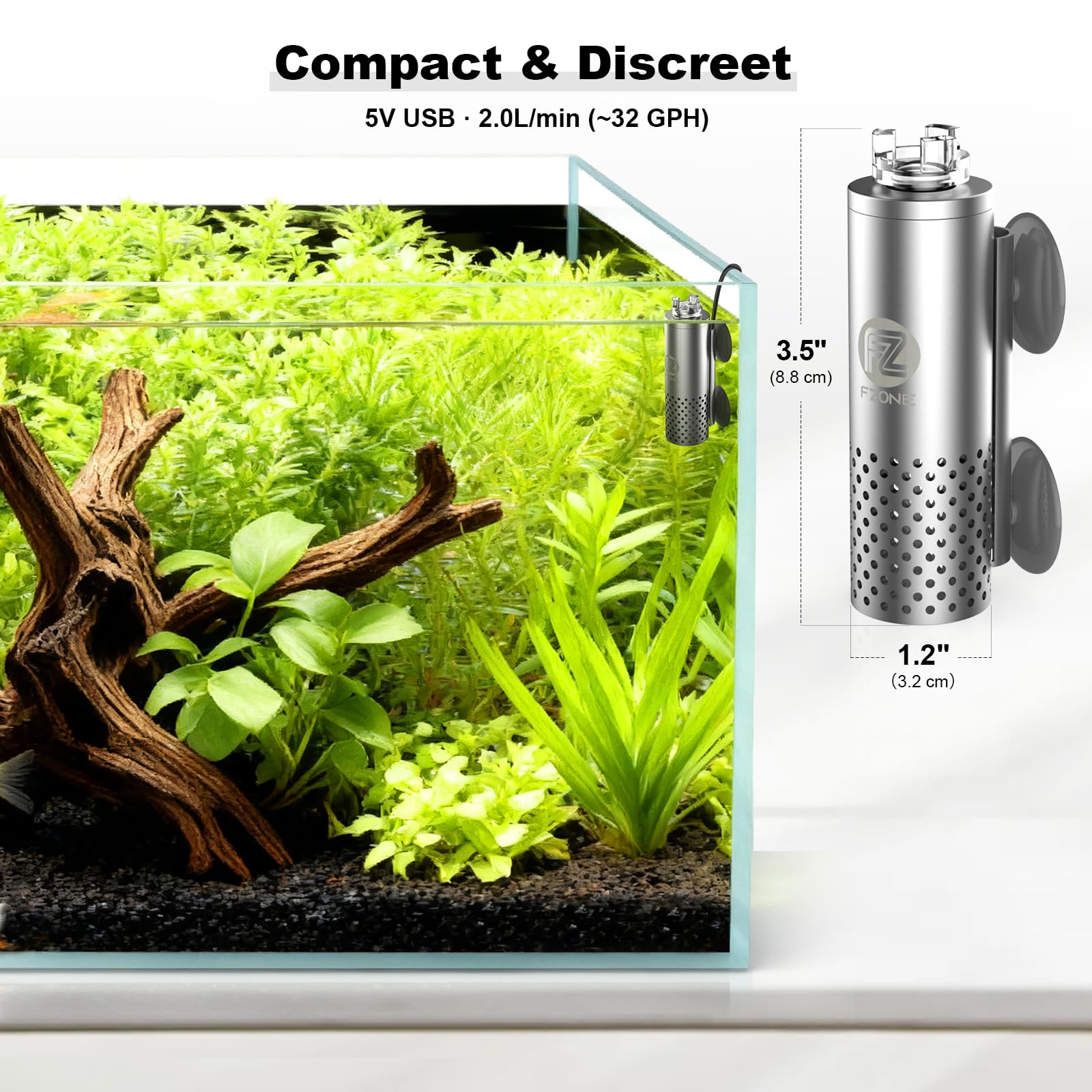 FZONE compact design fits nano planted tanks without crowding the aquascape