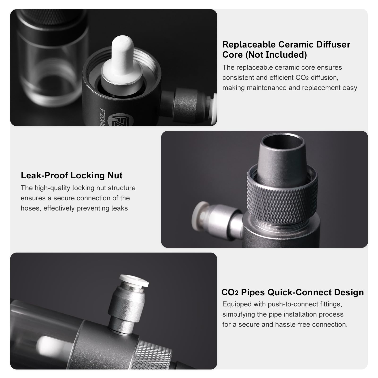 FZONE Aluminum CO2 diffuser durable body resists corrosion in freshwater setups.