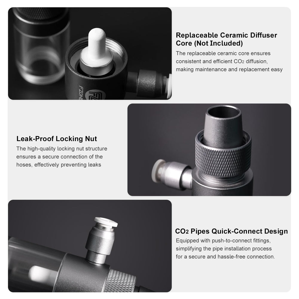 FZONE Aluminum CO2 diffuser durable body resists corrosion in freshwater setups.