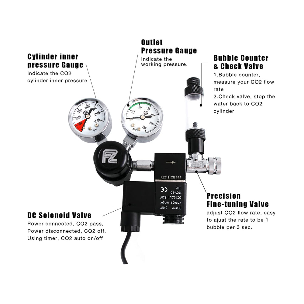FZONE CO2 regulator DC solenoid side-open setup for easy installation and reliable performance