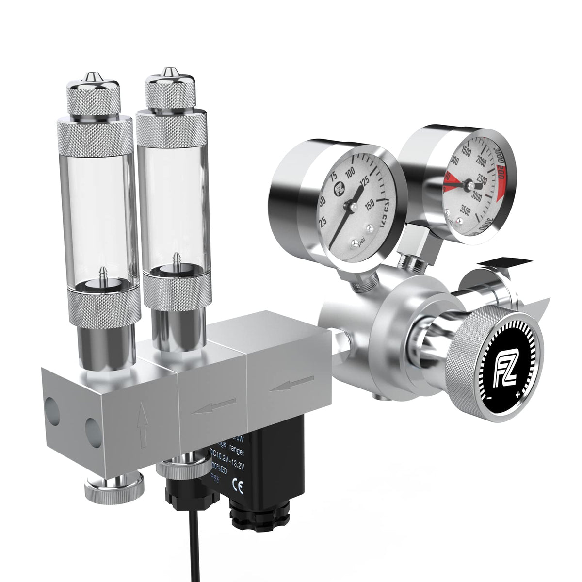FZONE Pro Series regulator front view showing dual-stage stability for CO2 delivery.