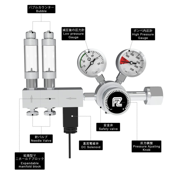Close-up of the high-precision needle valve on the FZONE regulator.