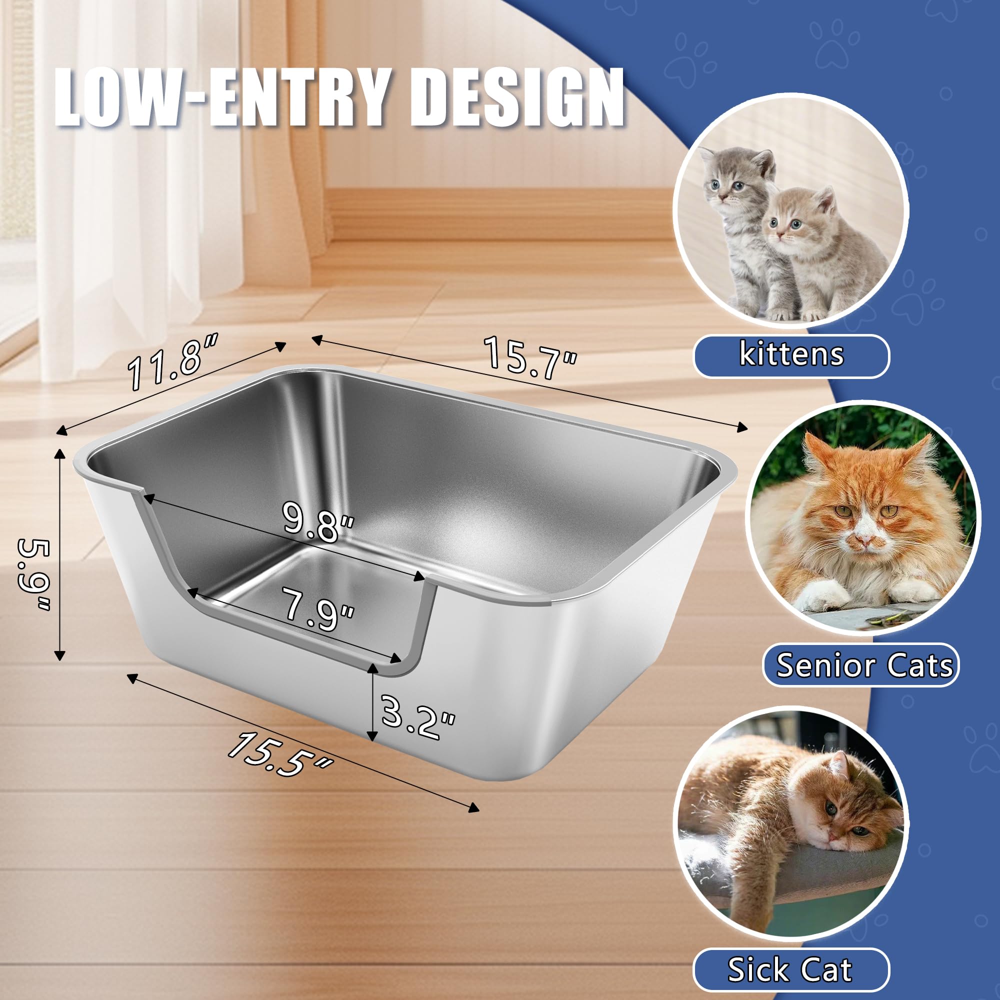 FZZOR stainless steel litter box with non-stick surface for quick cleanup.