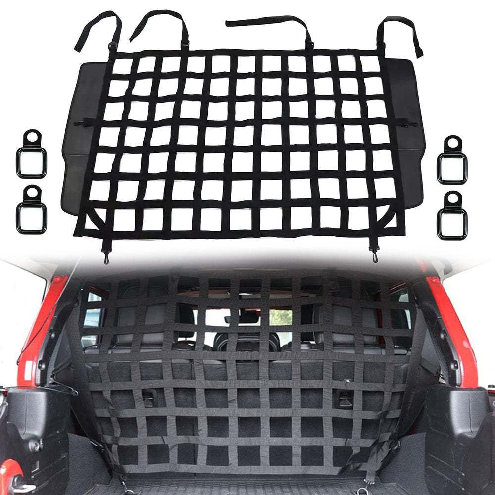 G dog barrier rear cargo net in Jeep Wrangler shows secure pet travel setup