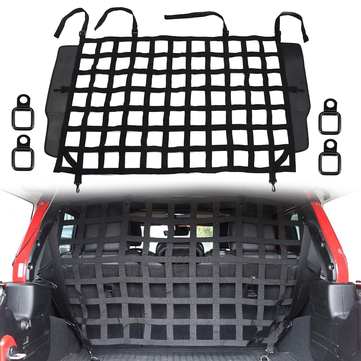 G dog barrier rear cargo net in Jeep Wrangler shows secure pet travel setup
