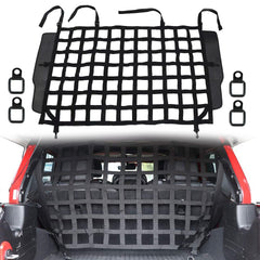 G dog barrier rear cargo net in Jeep Wrangler shows secure pet travel setup