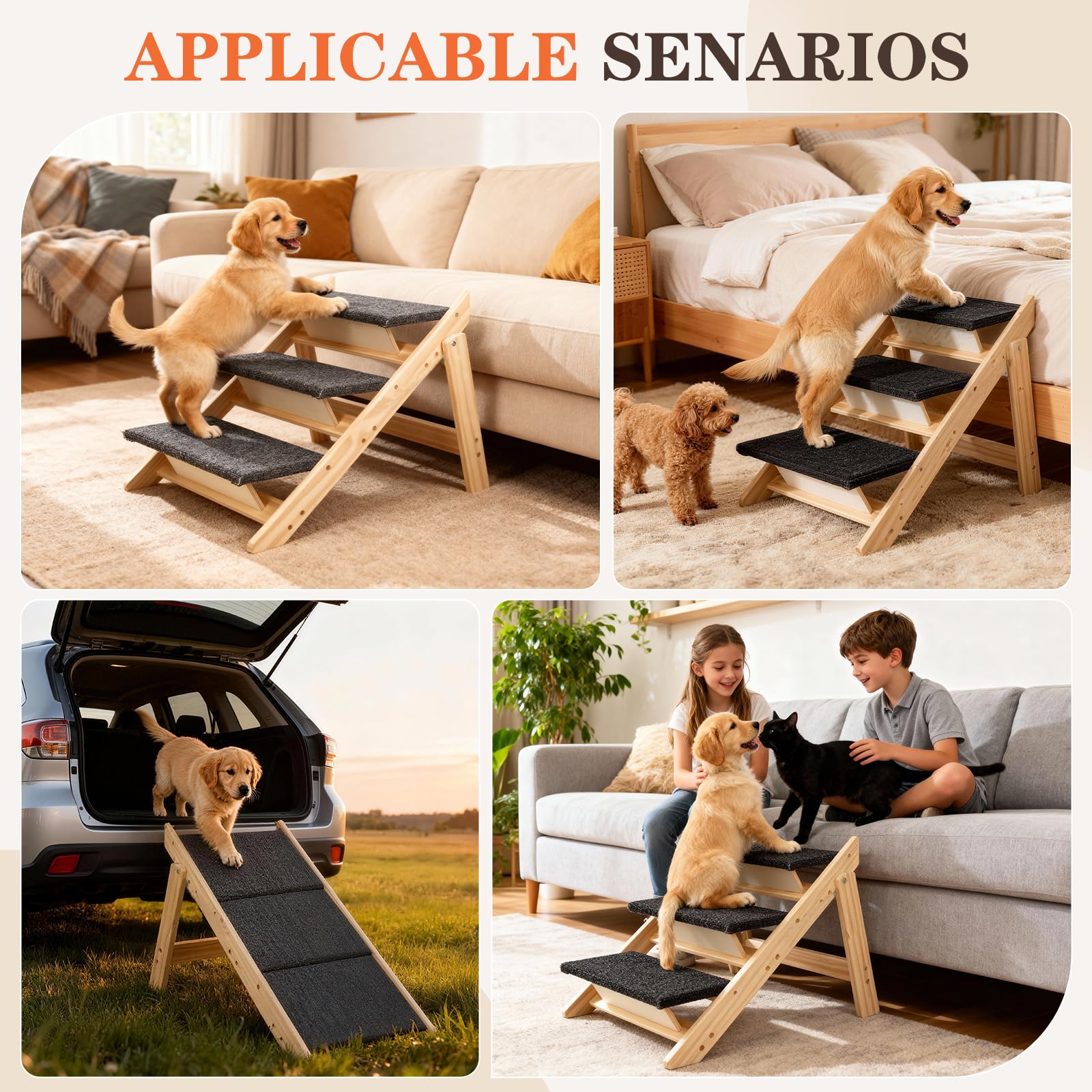 Gabieusn car and couch dog steps; adapts to car and home setups
