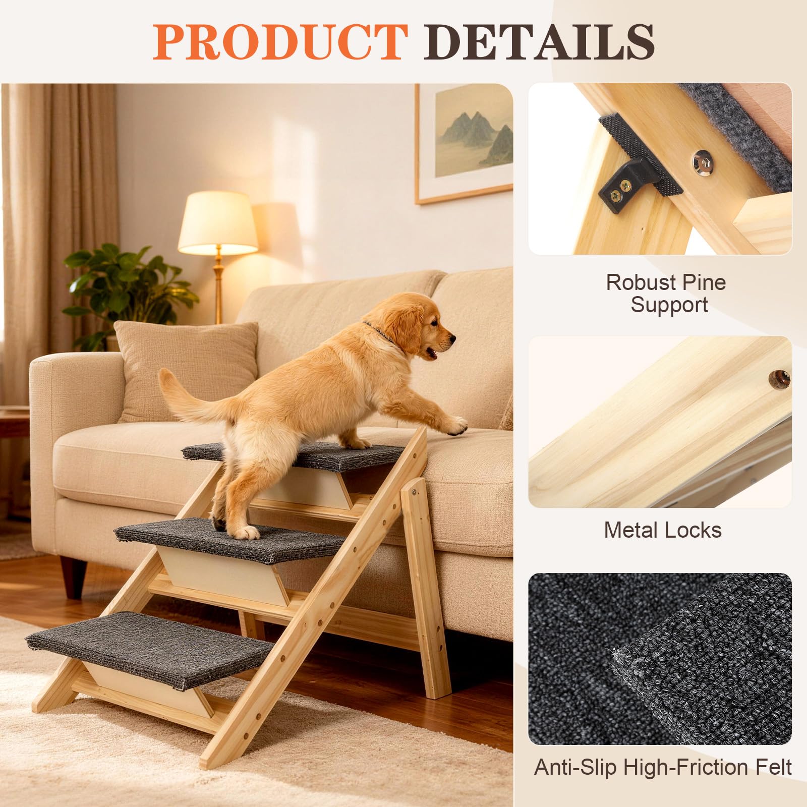 Gabieusn dog steps on bed sofa; safe ascent for furniture access
