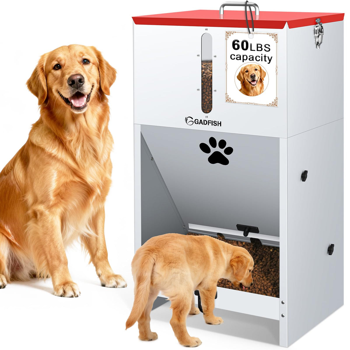 GADFISH 60lbs large-capacity dog feeder with viewing window for quick kibble checks.