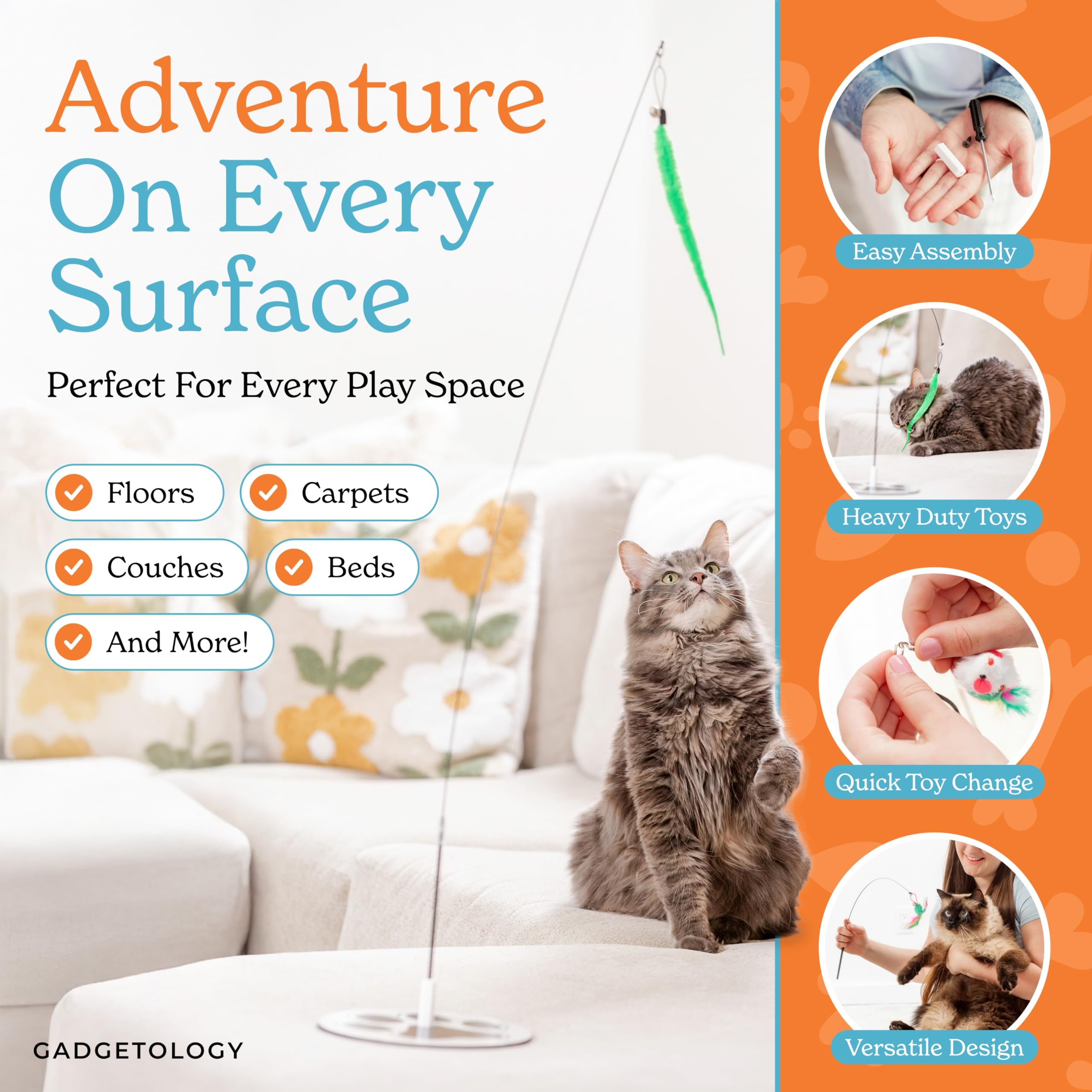 Gadgetsology reinforced wand with elastic wire resists bending and holds up to playful cats.