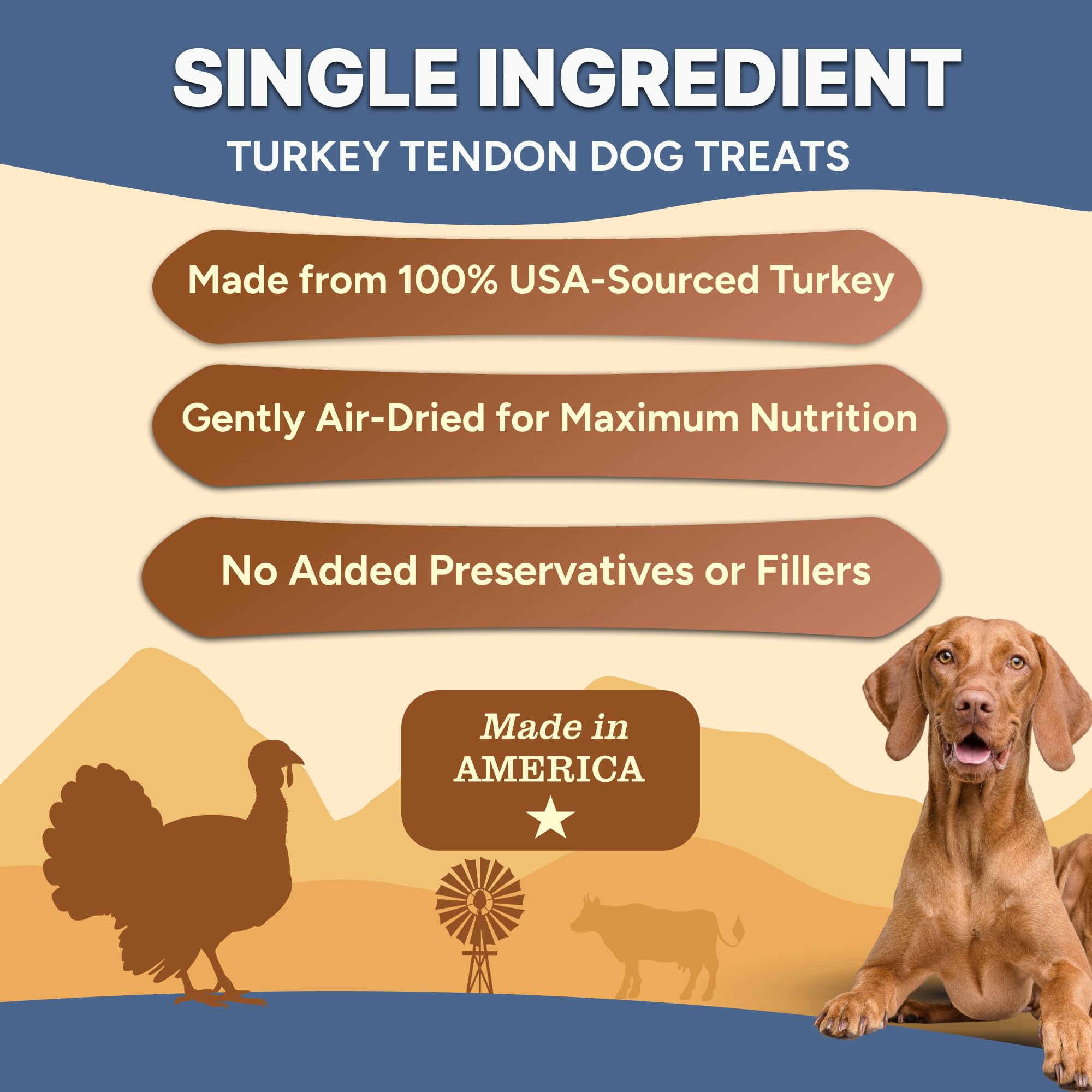 Gaines Family Farmstead air-dried turkey tendon preserves nutrients for a healthy chew.