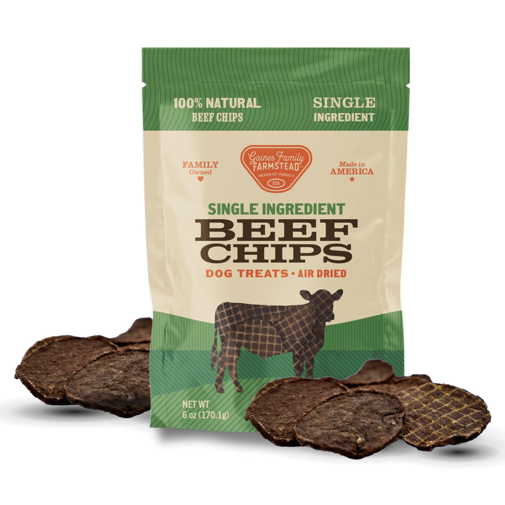 Gaines Family Farmstead Beef Chips packaging front, premium grain-free dog treat