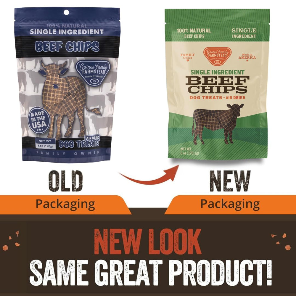 Close-up of Gaines Family Farmstead Beef Chips, single-ingredient dog treat