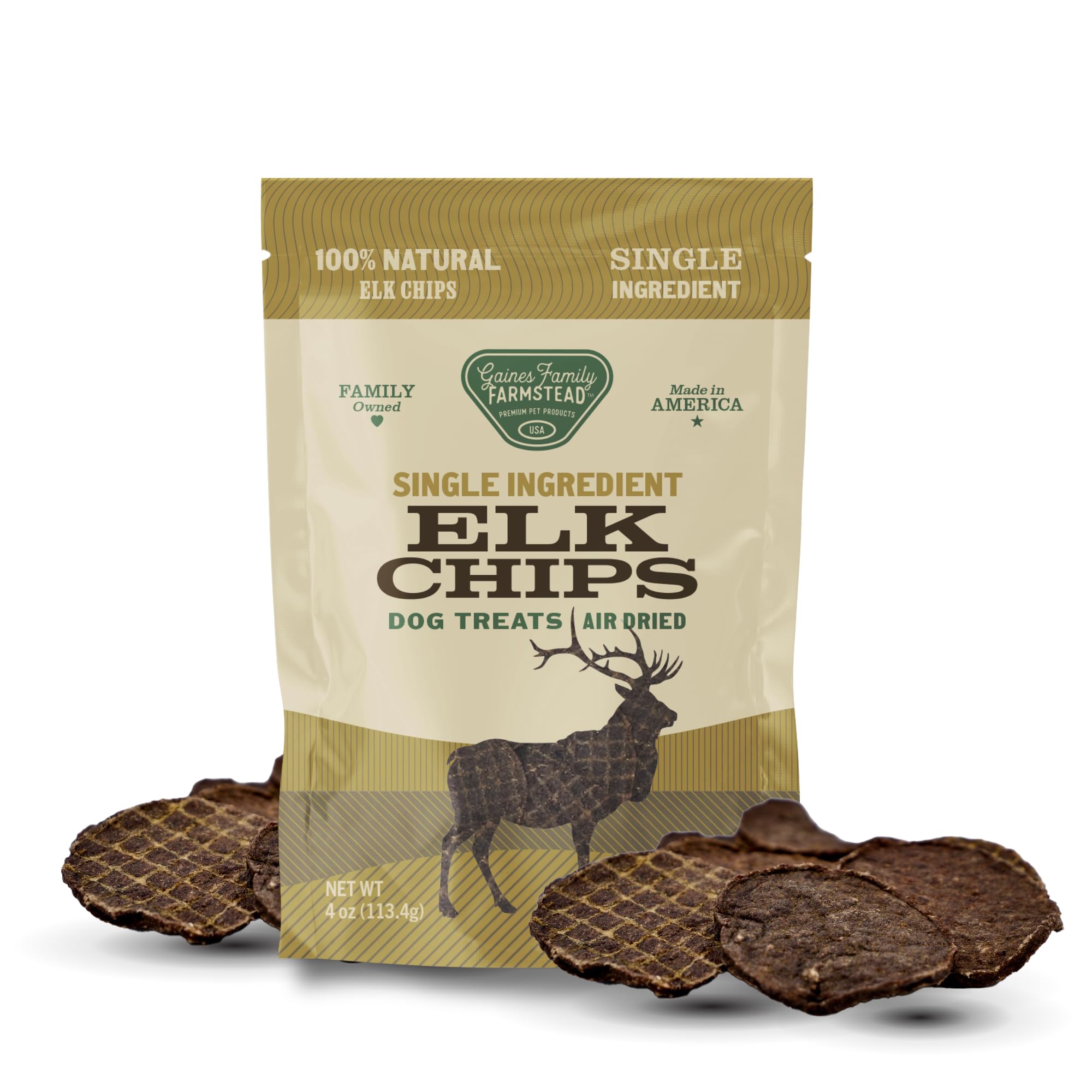 Gaines Family Farmstead Elk Chips packaging—single-ingredient dog treat for sensitive stomachs.