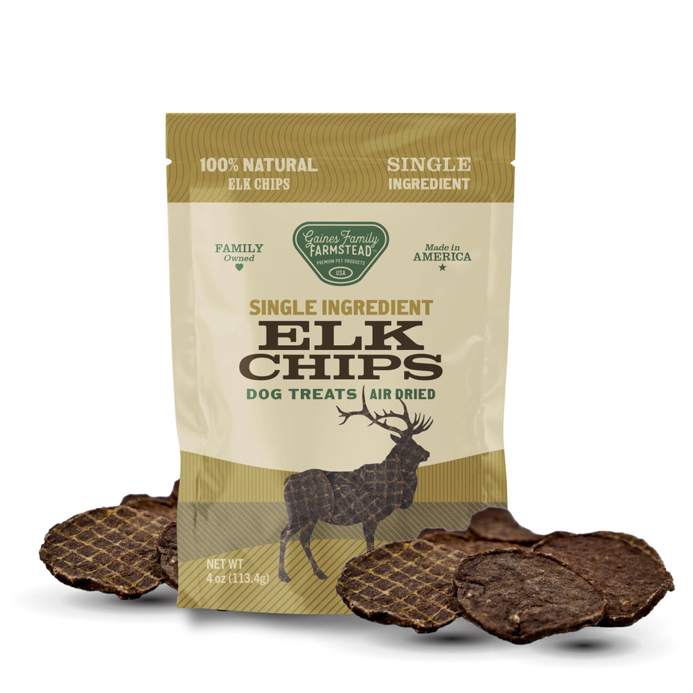 Gaines Family Farmstead Elk Chips packaging—single-ingredient dog treat for sensitive stomachs.